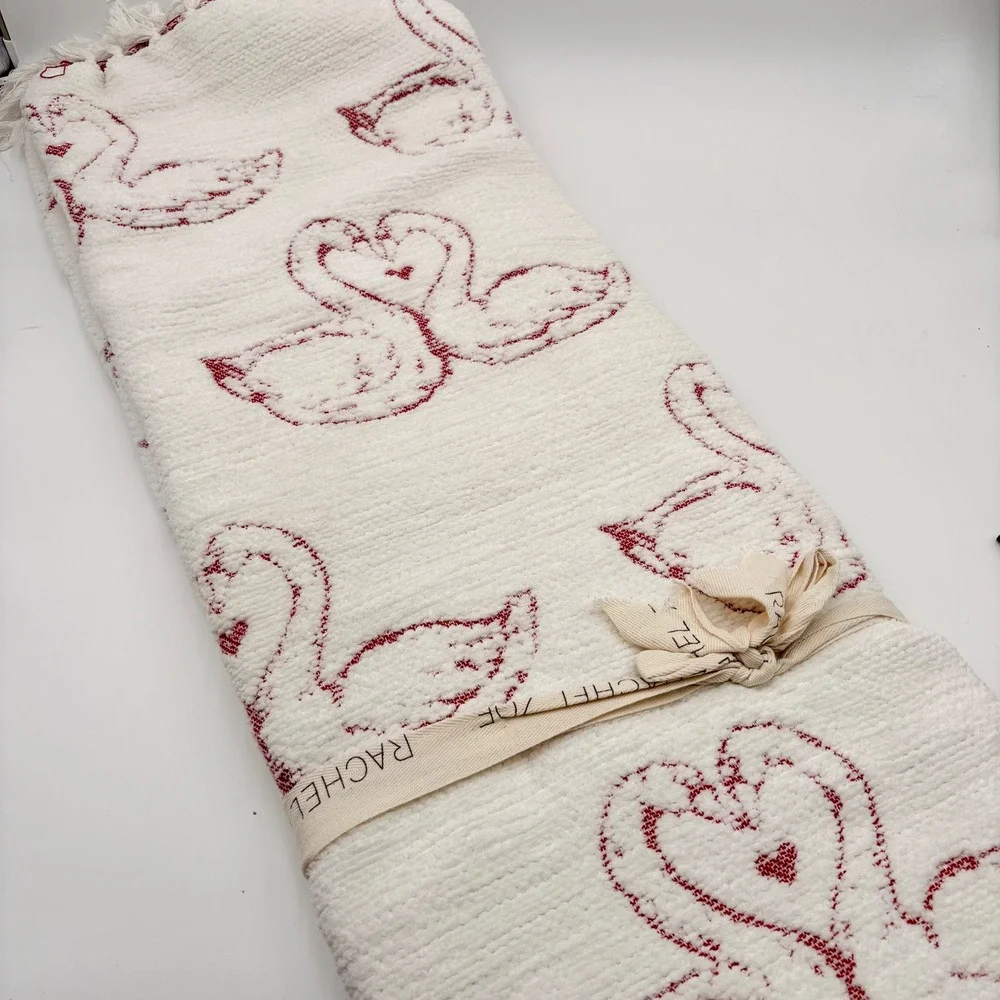 Rachel Zoe Red Swan Heart Plush Decorative Throw Blanket Cream Fringe 50x70 NEW